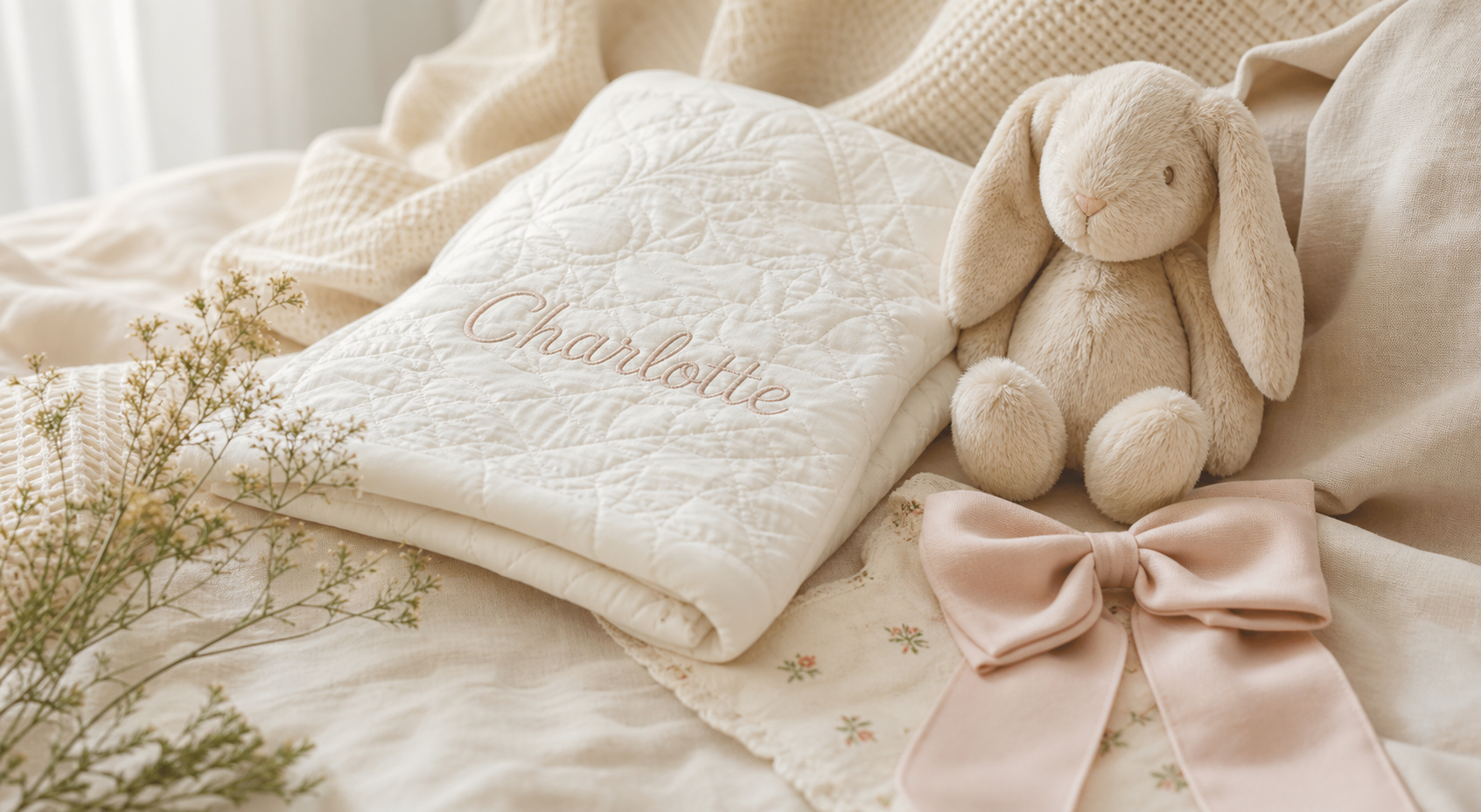 Personalized embroidered baby blanket with neutral nursery keepsake styling