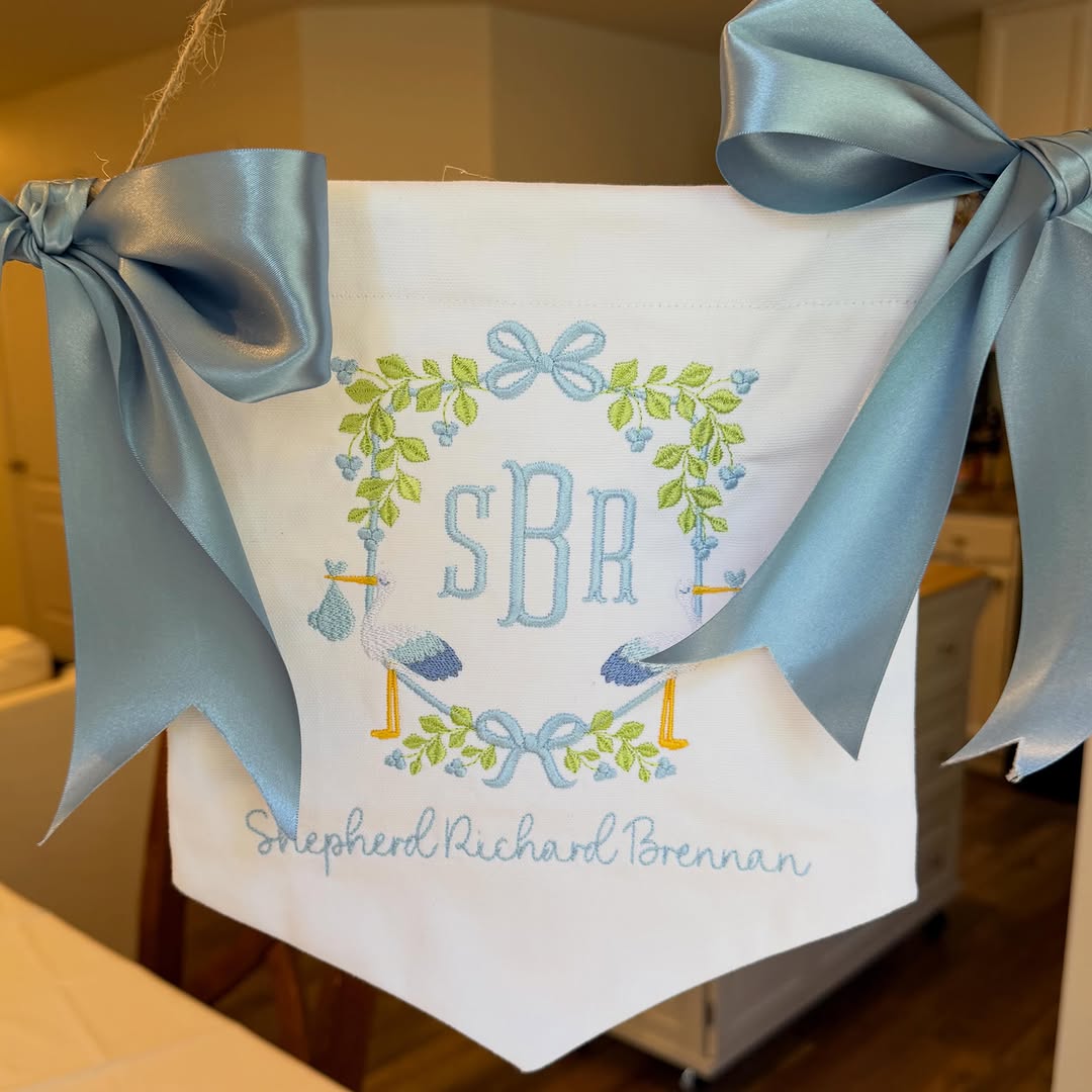 Custom embroidered stork banner for baby boy nursery by Allie Anna Co.